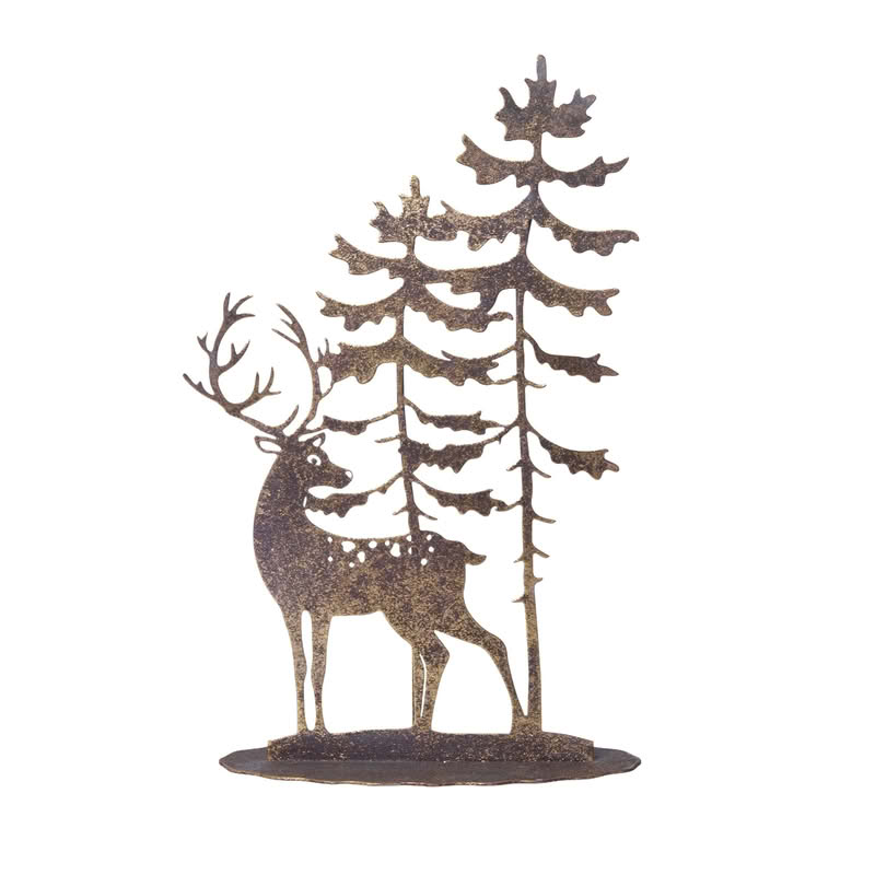 Paesaggio di Natale in metallo dorato da appoggio raffigurante cervo nel bosco, perfetto come decorazione natalizia